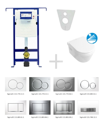Sada pro závěsné WC, klozet, tlačítko Sigma 30 matný/lesklý chrom, sedátko softclose Villeroy & Boch
